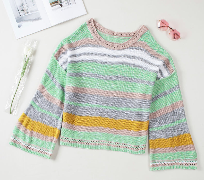 Contrast Striped Boat Neck Dropped Shoulder Sweater