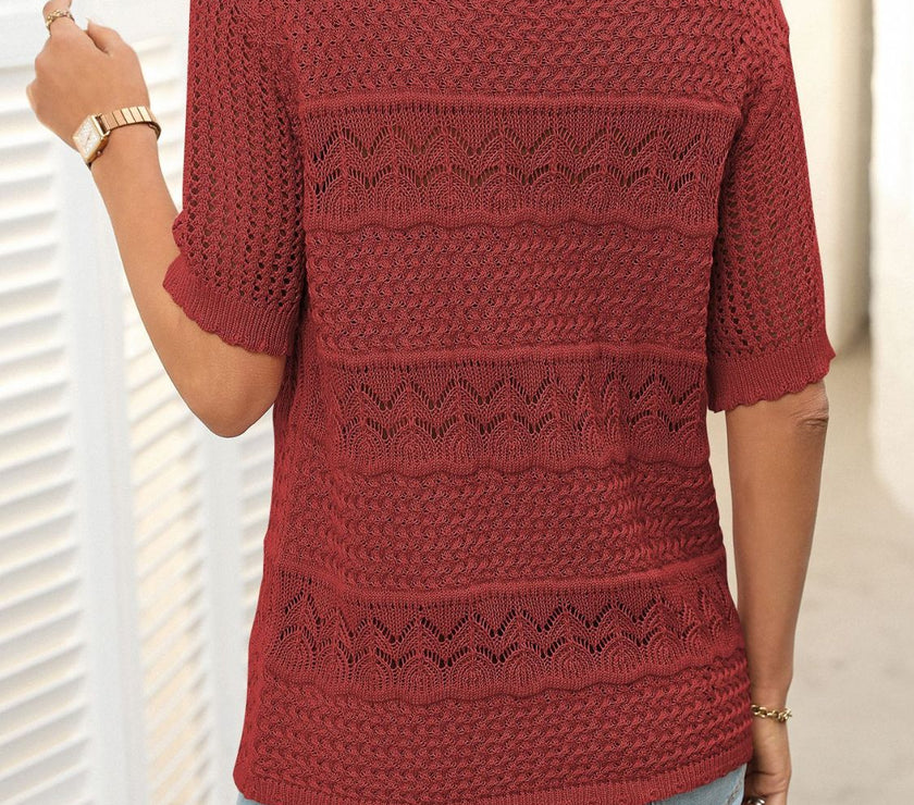 Mandy Openwork Round Neck Half Sleeve Knit Top