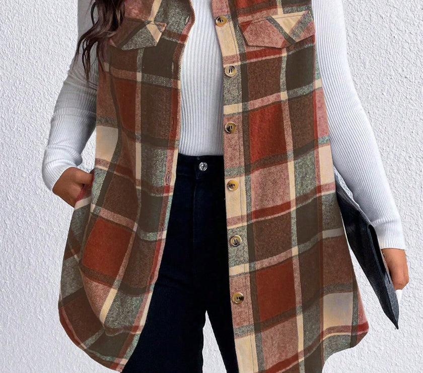 Honey Plus Size Pocketed Plaid Button Up Vest Coat