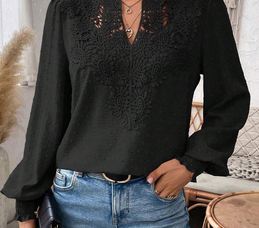 Swiss Dot Lace Detail Notched Long Sleeve Blouse