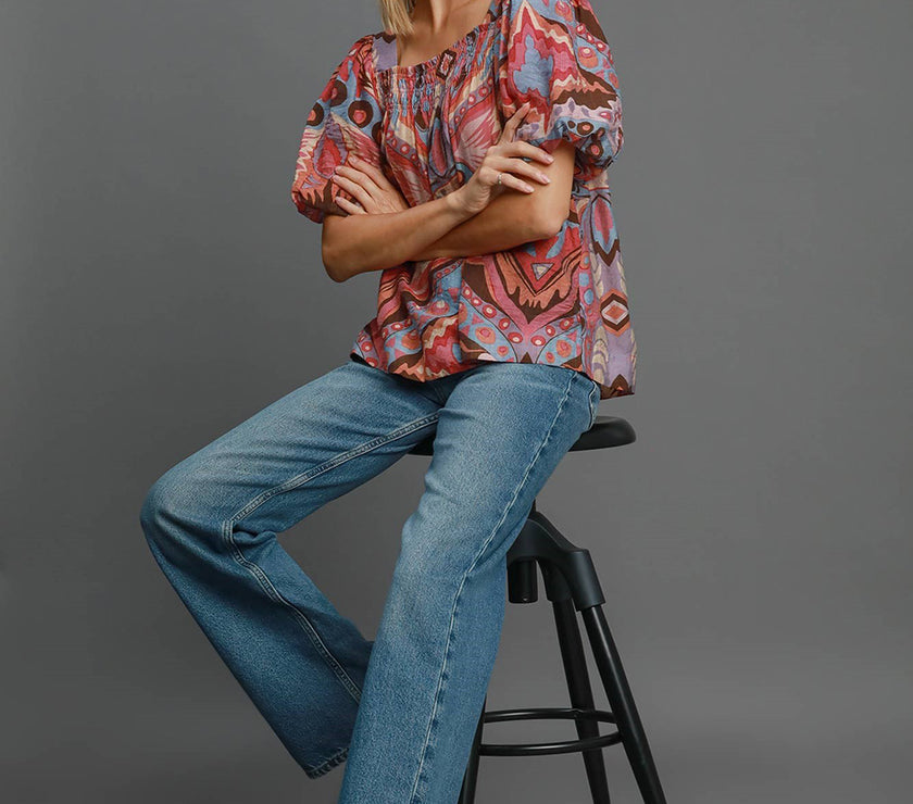 Umgee Full Size Abstract Print Smocked Square Neck Puff Sleeve Blouse
