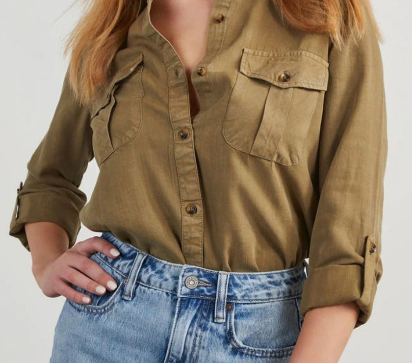 Collared Neck Roll-Tab Sleeve Denim Top