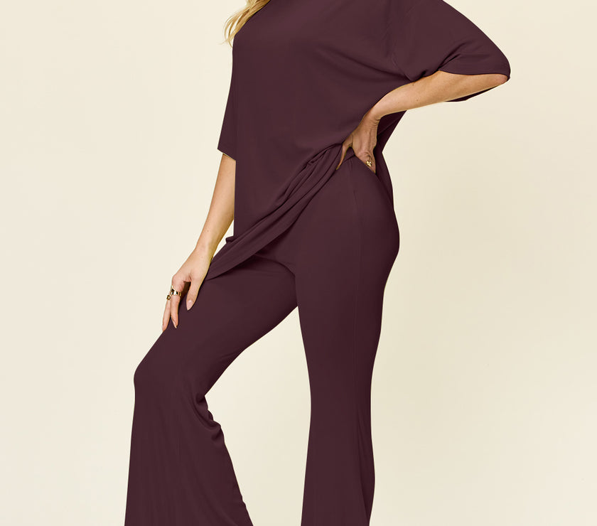 Double Take Full Size Round Neck Drop Shoulder T-Shirt and Flare Pants Set