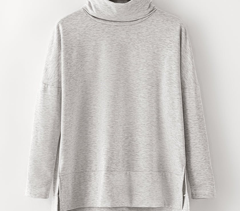 Side Slit High-Low Cowl Neck Long Sleeve Blouse