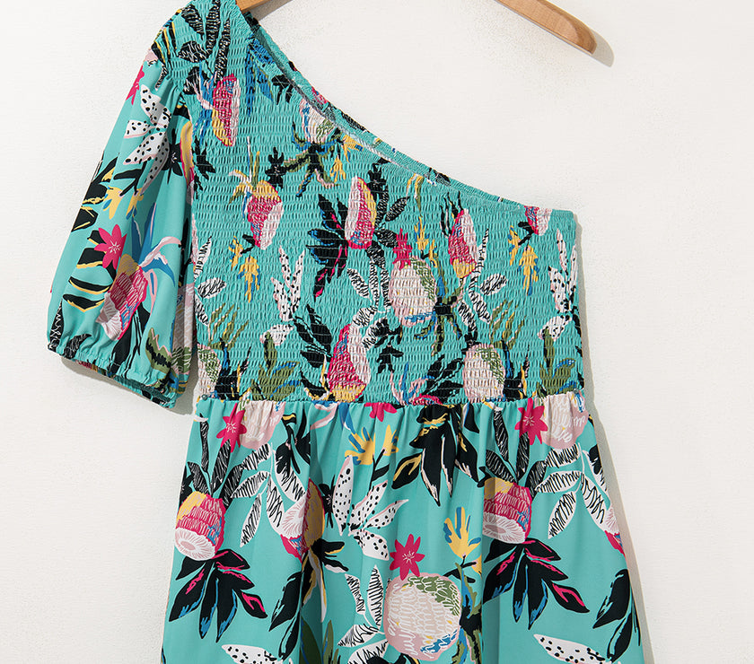 Green Plus Size Floral Smocked Bodice Single Puff Short Sleeve Babydoll Blouse