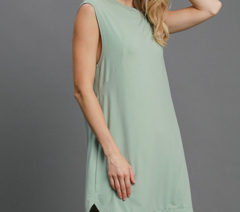 Umgee Round Neck Sleeveless High-Low Curved Hemline Mini Dress