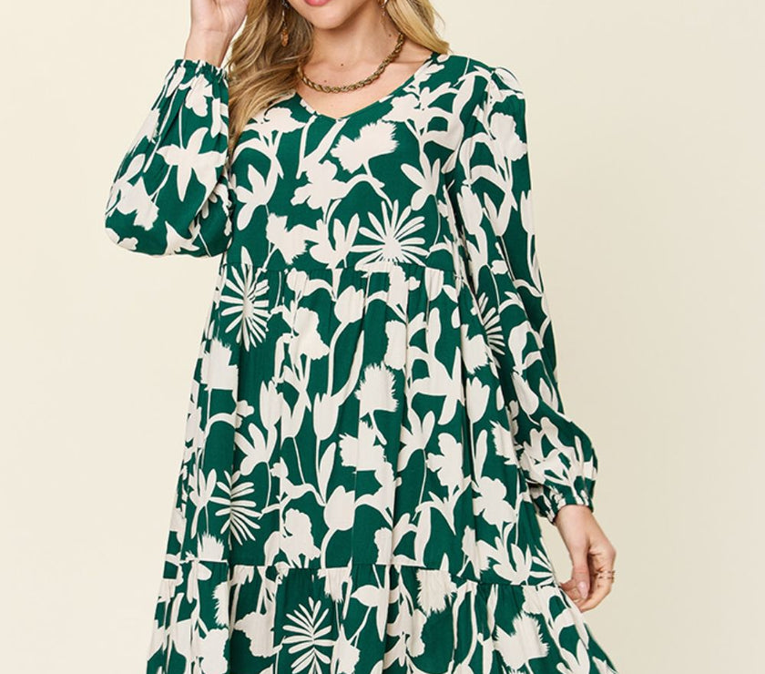 Double Take Full Size Printed Ruffle Hem Dress with Pocket