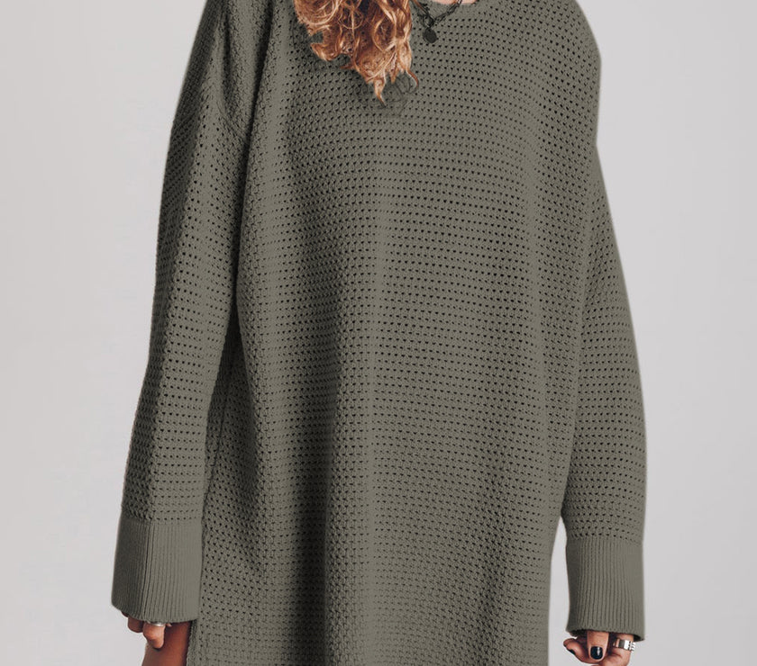 Openwork Round Neck Long Sleeve Slit Sweater