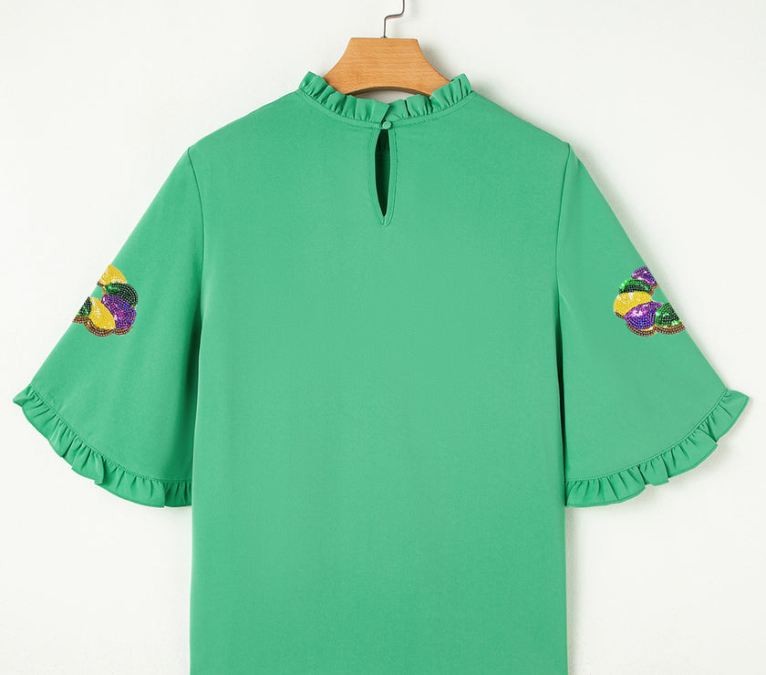 Green Sequin Doughnut Graphic Ruffled Trim Bell Sleeve Mardi Gras Blouse