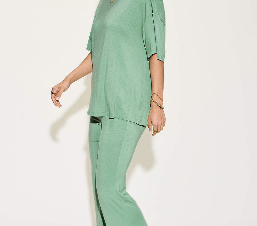 Basic Bae Full Size Bamboo Drop Shoulder T-Shirt and Flare Pants Set