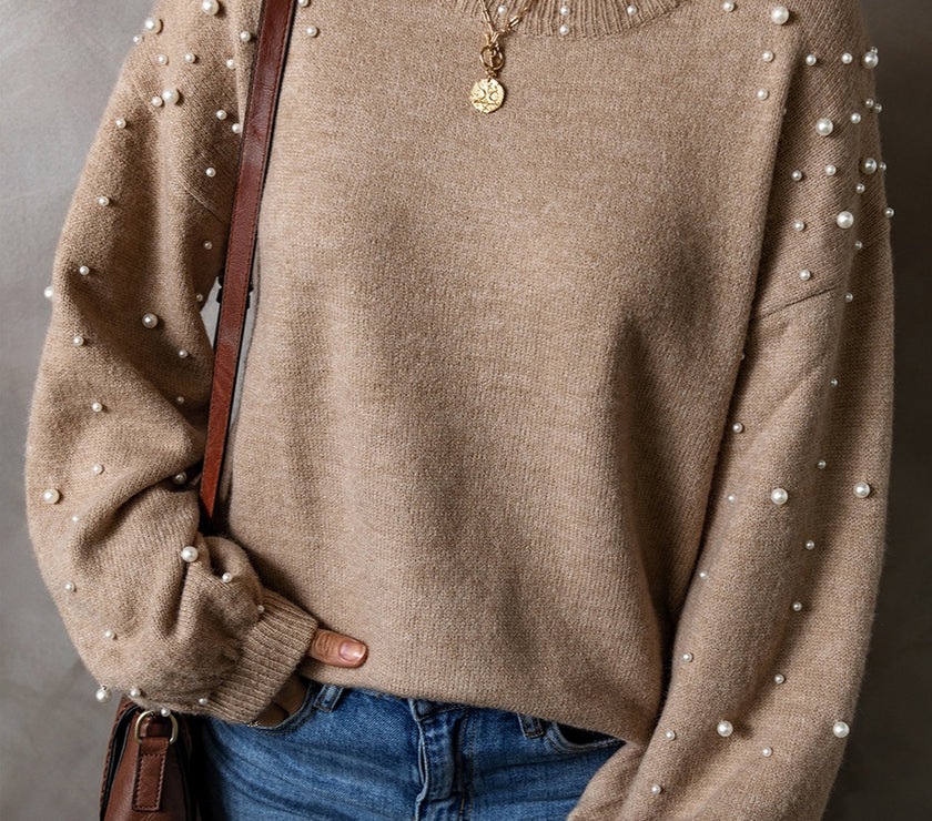 Pearl Detail Round Neck Long Sleeve Sweater