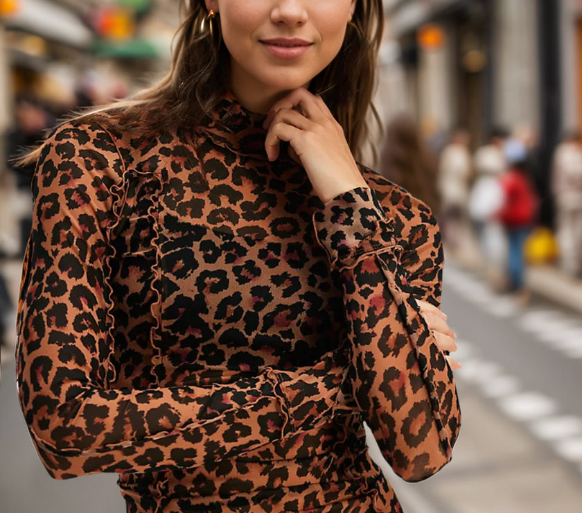 Oh Full Size Frill Printed Mock Neck Long Sleeve Top