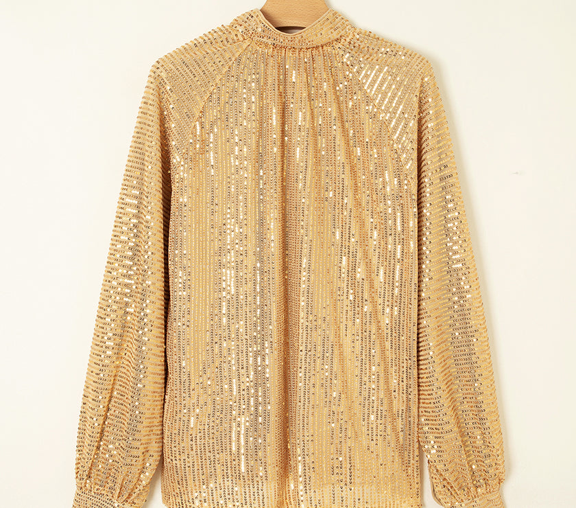 Gold Metallic Balloon Sleeve Buttoned High Neck Loose Blouse