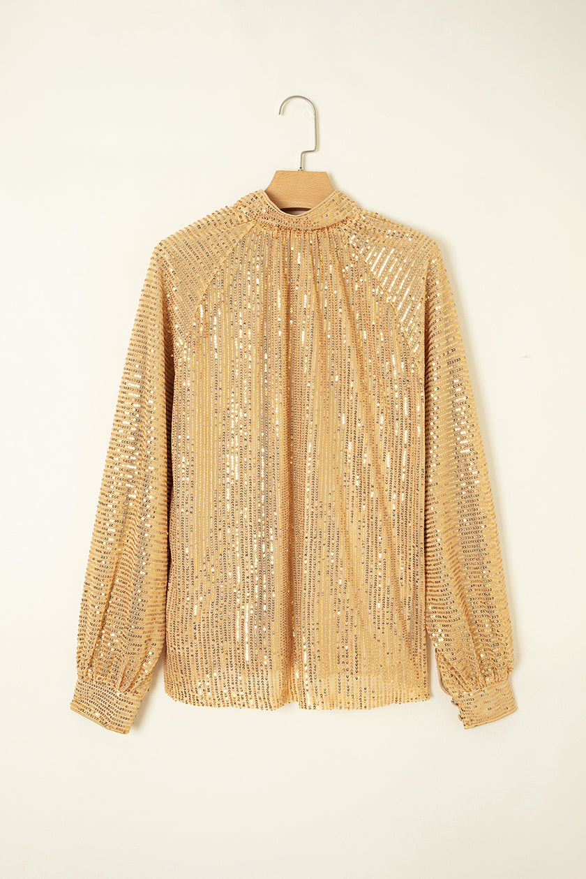 Gold Metallic Balloon Sleeve Buttoned High Neck Loose Blouse