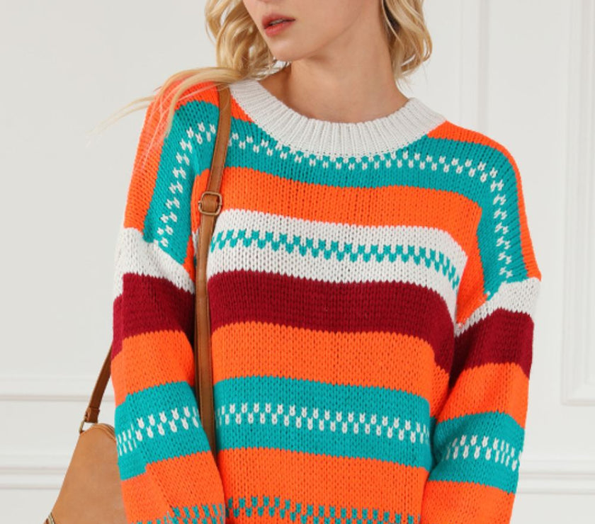 Contrast Striped Round Neck Long Sleeve Sweater