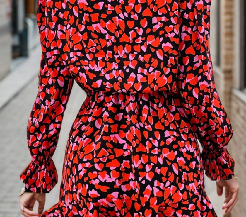 Heart Printed Mock Neck Flounce Sleeve Dress