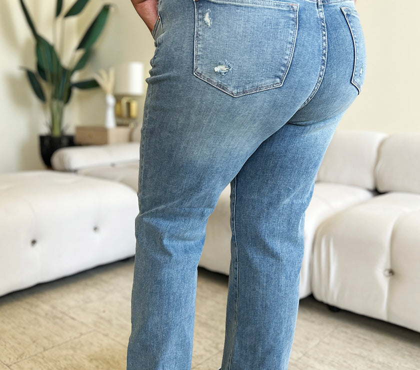 Judy Blue Full Size Mid Rise Distressed Straight Jeans