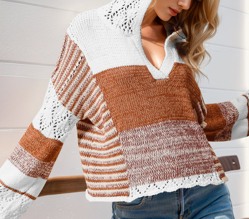 Double Take Full Size Openwork Contrast Long Sleeve Hooded Sweater