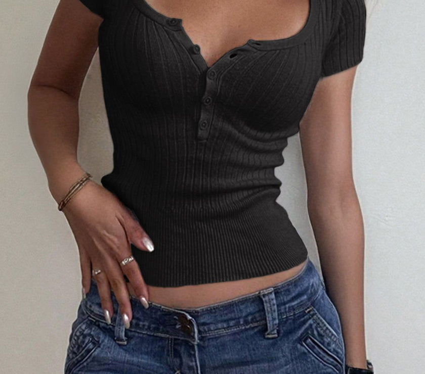Half Button Scoop Neck Short Sleeve Knit Top