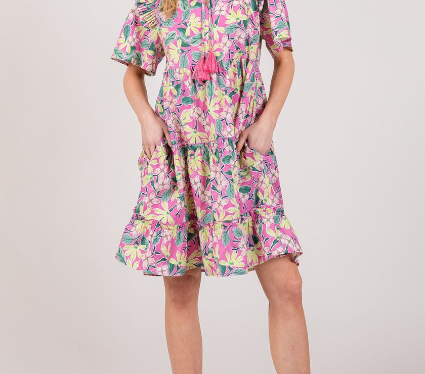 SAGE + FIG Floral Ruffle Short Sleeve Dress