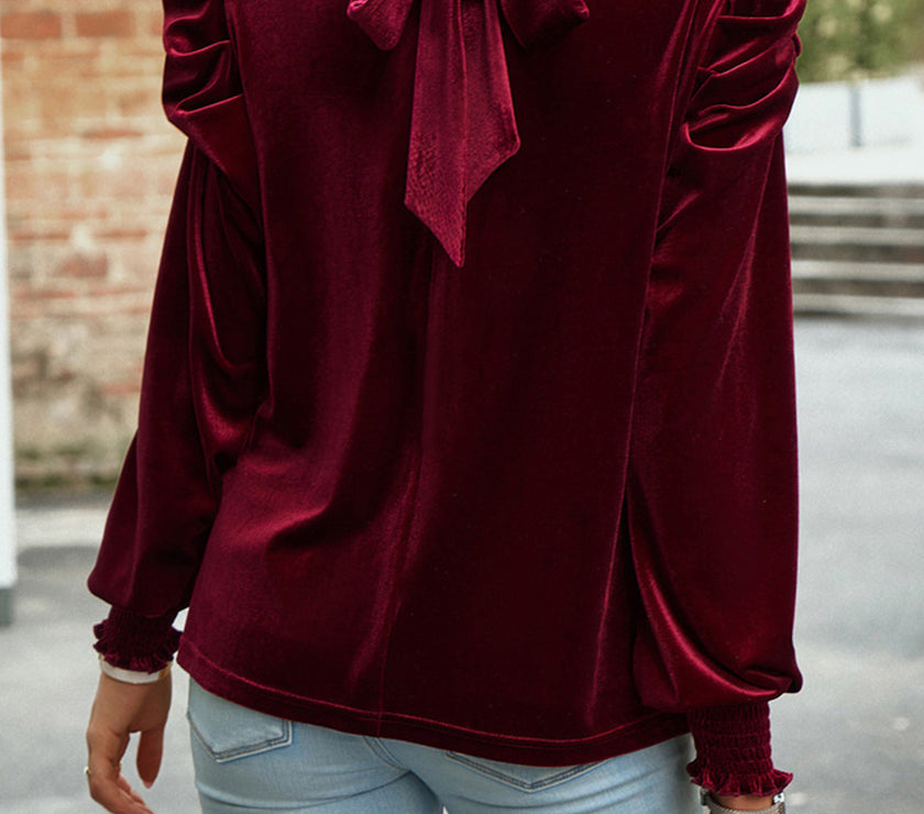 Tie Up Mock Neck Velvet Fabric Long Sleeve Blouse