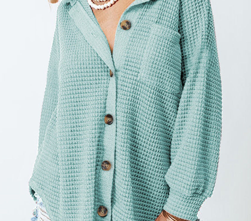 Waffle-Knit Collared Neck Long Sleeve Shirt