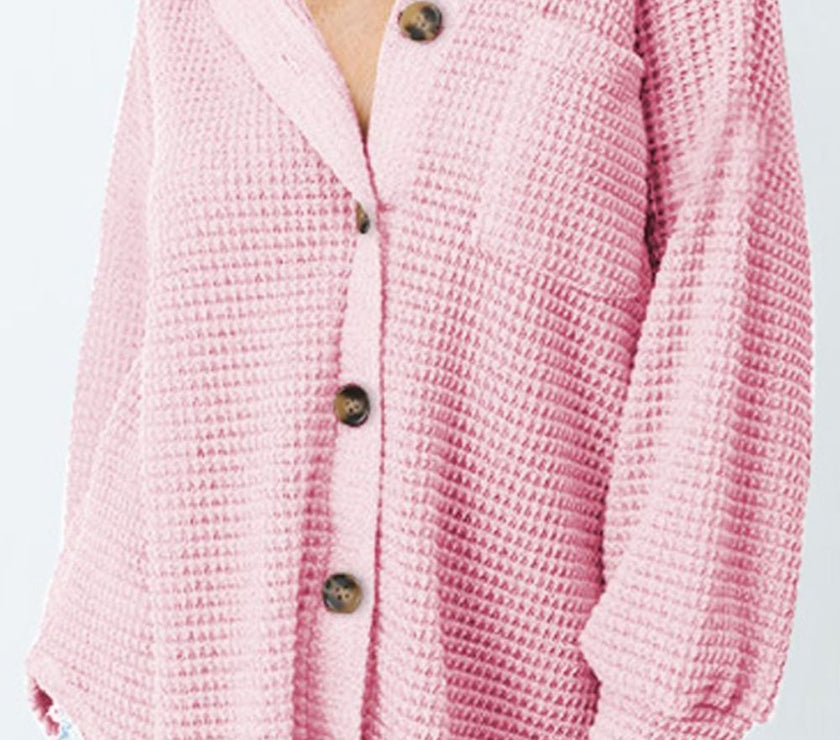 Waffle-Knit Collared Neck Long Sleeve Shirt