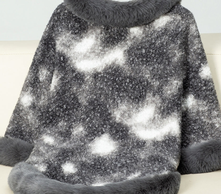 Furry Contrast Three-Quarter Poncho
