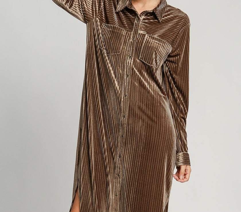 Umgee Texture Curved Hem Button Down Shirt Dress