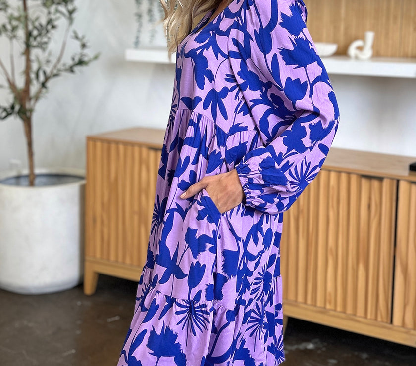 Double Take Full Size Printed Ruffle Hem Dress with Pocket