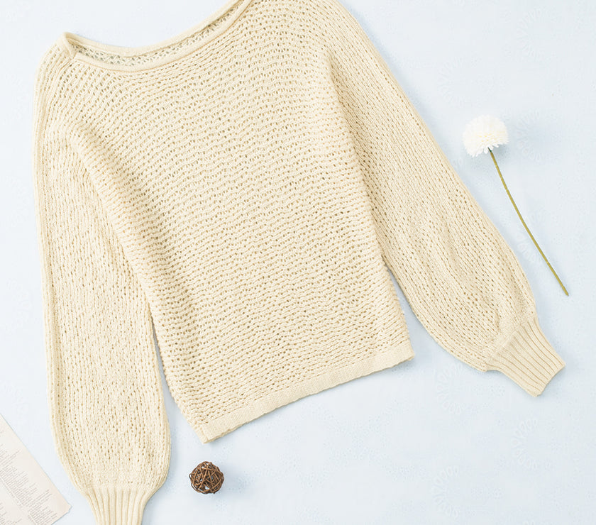 Openwork Boat Neck Raglan Sleeve Knit Top