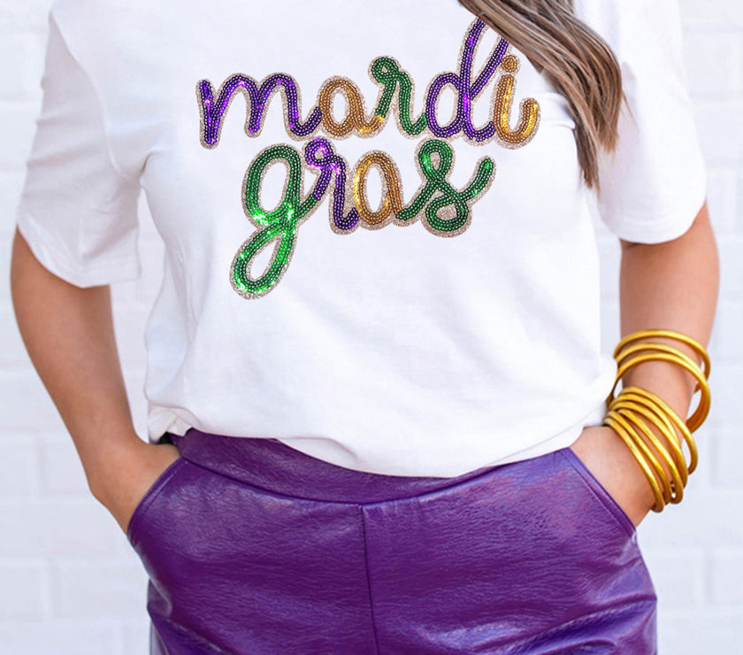 White Sequin mardi gras Graphic T Shirt