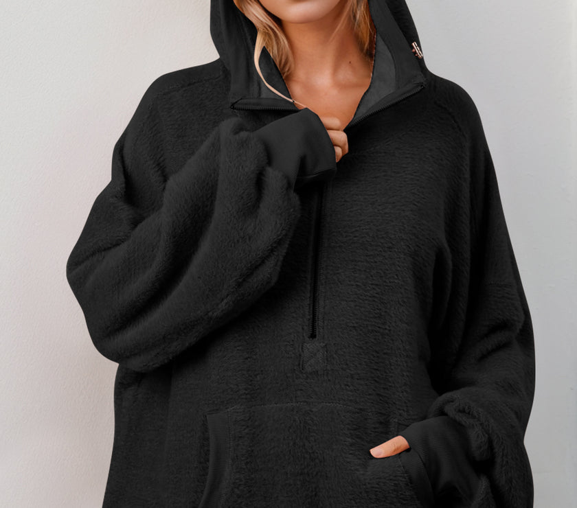 Double Take Half Zip Long Sleeve Hoodie with Kangaroo Pocket