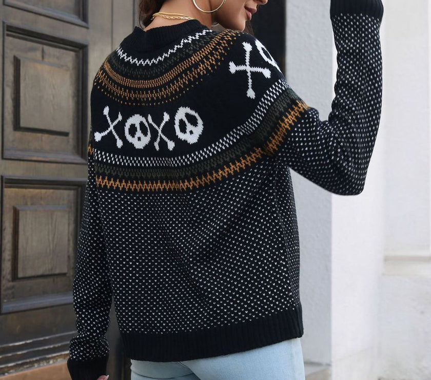 Ghost Pattern Round Neck Long Sleeve Sweater
