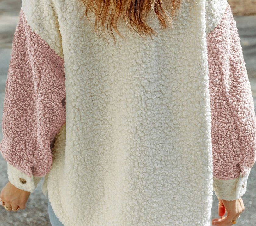 Color Block Collared Neck Sherpa Jacket