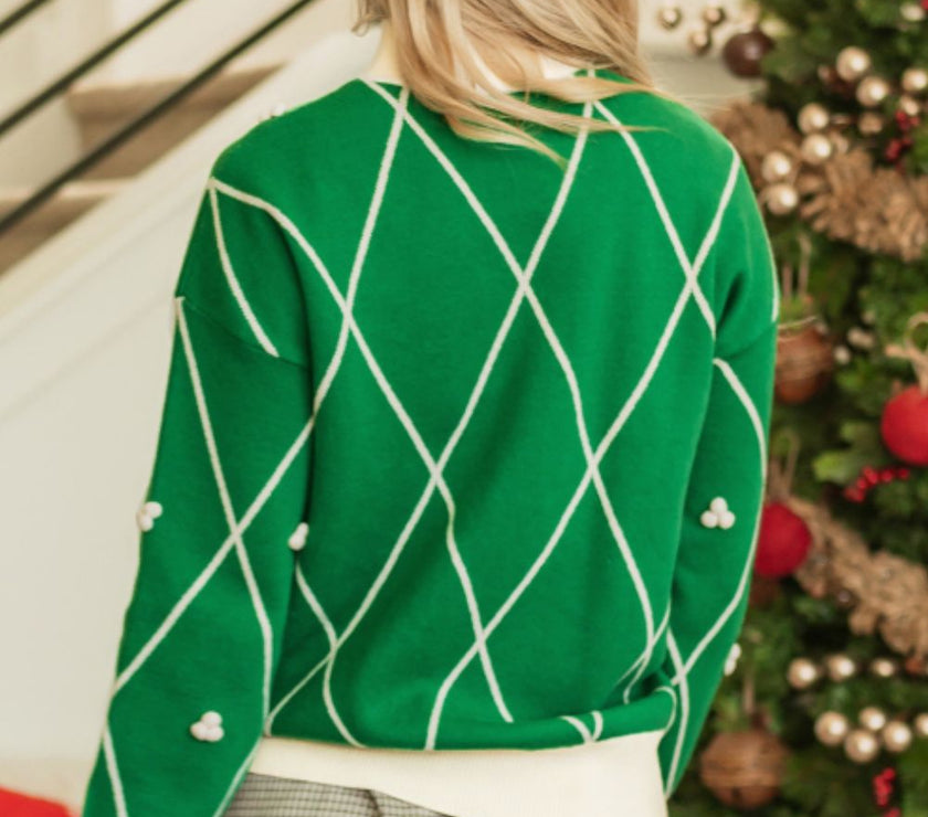 Diamond Pattern Contrast Trim Mock Neck Sweater