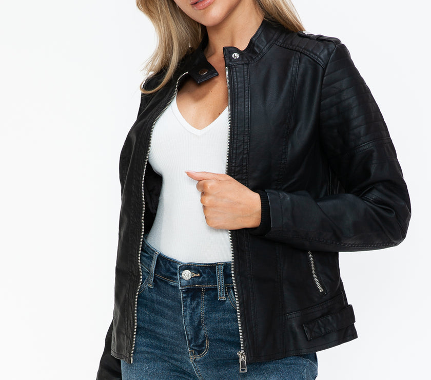 Snobbish PU Leather Biker Jacket with Side Zip Pockets