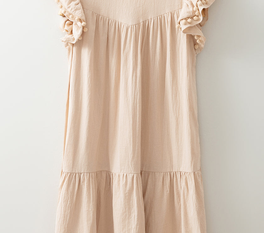 Jet Stream Linen Embroidery Split Neck Pom Pom Ruffle Sleeves Flowy Short Dress
