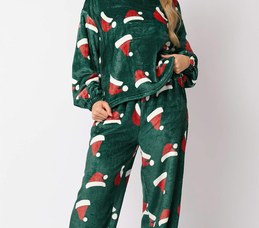 Christmas Hat Pattern Round Neck Long Sleeve Top and Pants Set