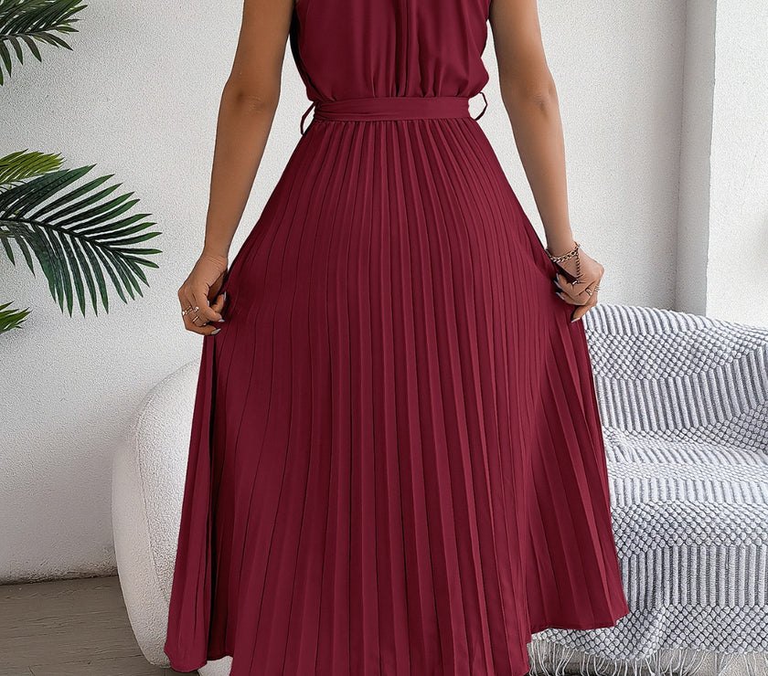 Pleated Tie Waist Sleeveless Midi Dress