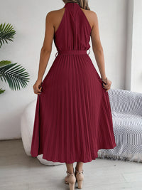 Pleated Tie Waist Sleeveless Midi Dress