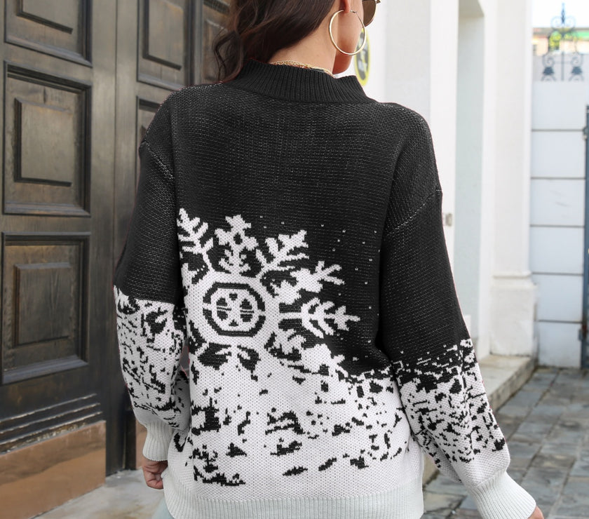 Snowflake Pattern Mock Neck Sweater