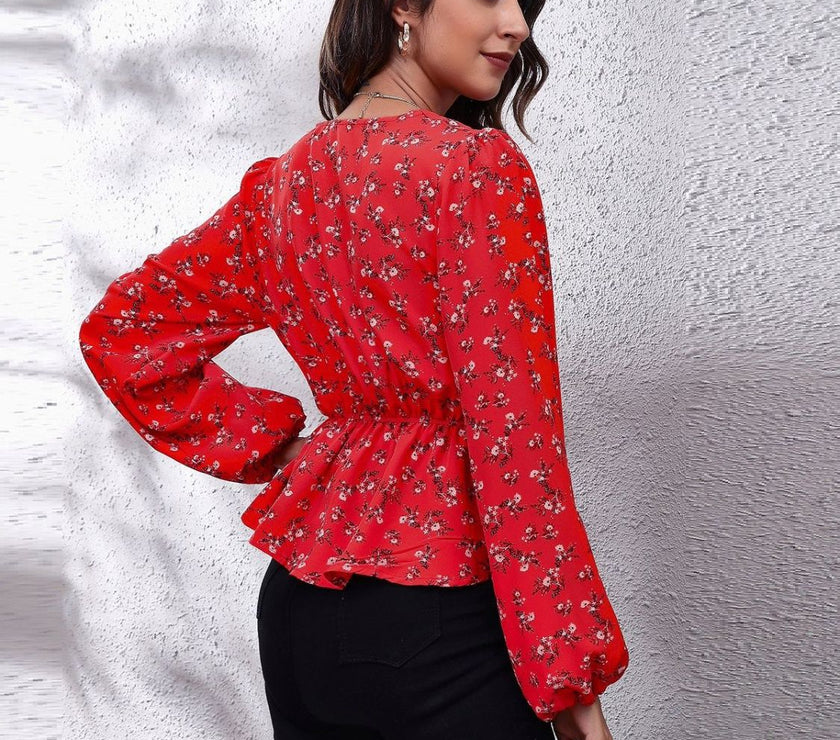 Ruched Printed V-Neck Long Sleeve Blouse