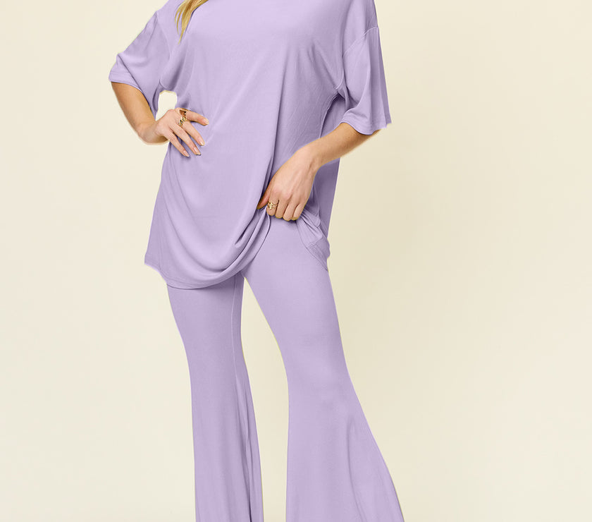 Double Take Full Size Round Neck Drop Shoulder T-Shirt and Flare Pants Set