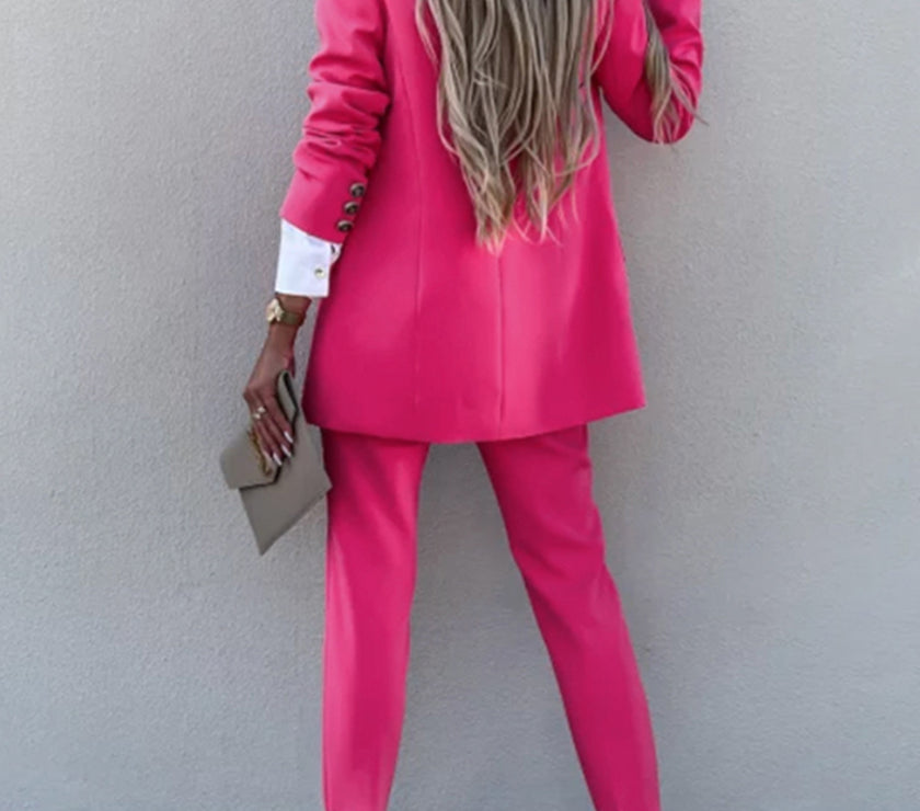 Lapel Collar Long Sleeve Blazer and Pants Set