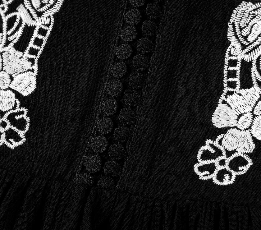 Black Floral Embroidery Ruffled Spaghetti Straps Tank Top