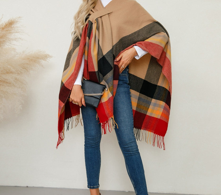 Fringe Contrast Plaid Poncho