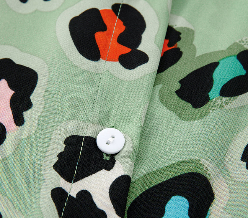 Green Leopard Print Short Sleeve Shirt and Wide Leg Pants Set