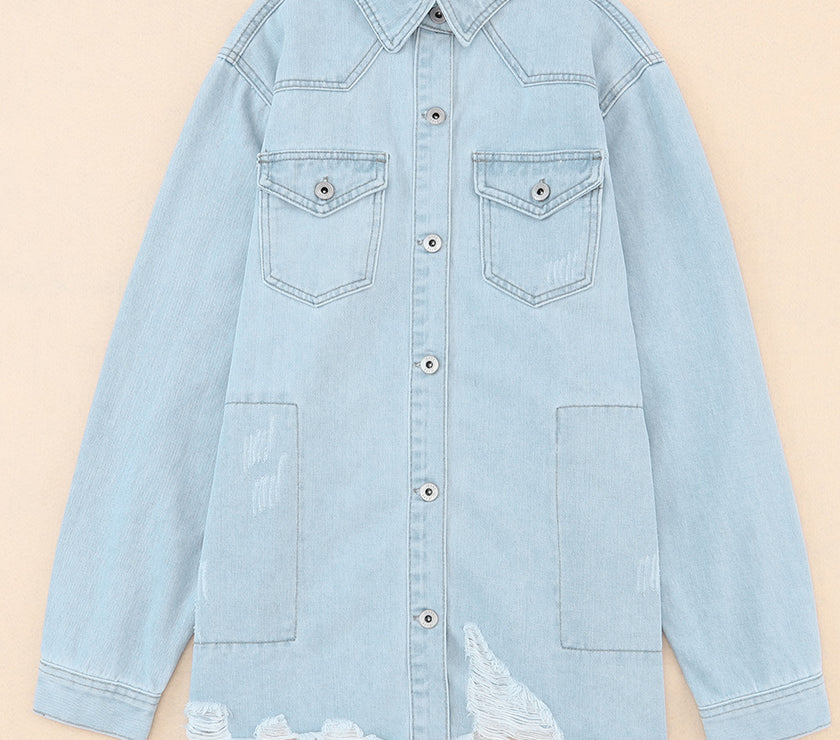 Flap Pocket Raw Hem Denim Jacket
