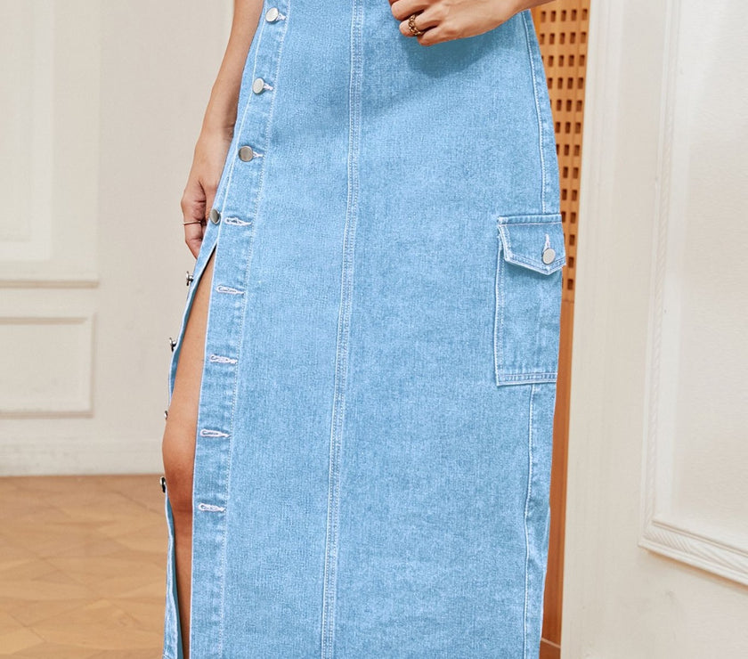 Button Down Midi Denim Skirt